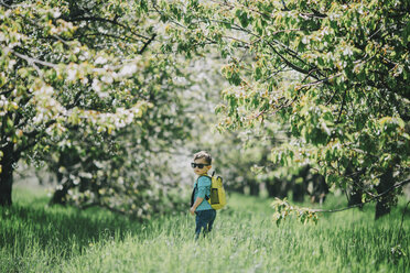 Caucasian boy wearing sunglasses and backpack in grass - BLEF02104