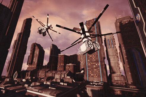 Drones flying in futuristic city - BLEF02209