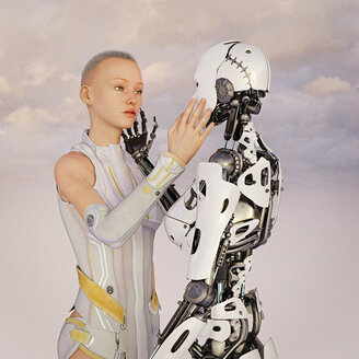 Human and robot woman touching faces - BLEF02234