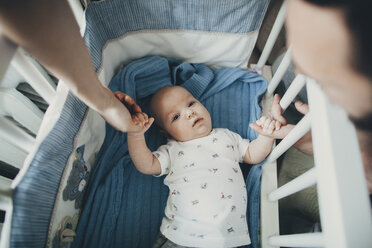 Caucasian mother and father holding hands of baby son in crib - BLEF02247