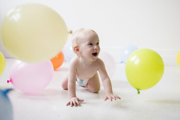 Kaukasisches Baby Junge krabbeln auf dem Boden beobachten Ballons - BLEF02353