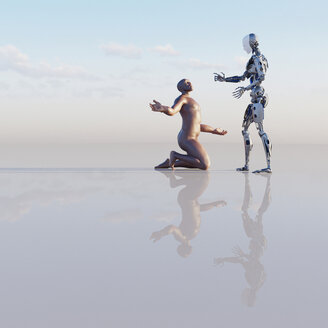 Man kneeling near robot - BLEF02425