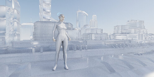 Woman standing near futuristic glass urban architecture - BLEF02434