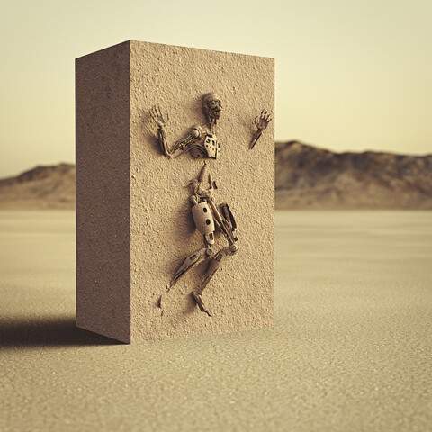 Roboter gefangen im Schmutzwürfel in der Wüste, lizenzfreies Stockfoto