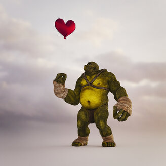 Angry ogre looking up at floating red balloon heart - BLEF02465