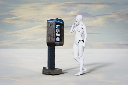 Curious robot woman examining pay telephone - BLEF02639
