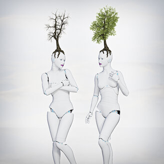 Trees growing on heads of robot women - BLEF02641