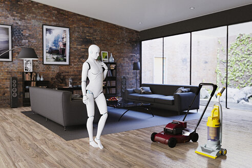 Robot woman deciding between vacuum and lawnmower - BLEF02642