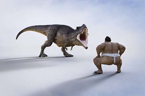 Sumo-Ringer vor wildem Dinosaurier - BLEF02665