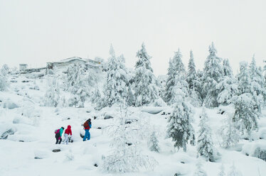 Caucasian friends hiking in snowy forest - BLEF02669