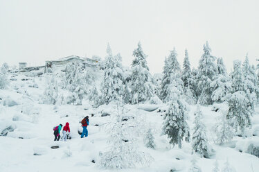 Kaukasische Freunde wandern im verschneiten Wald - BLEF02669