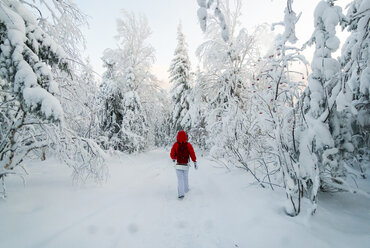 Kaukasische Frau beim Wandern im verschneiten Wald - BLEF02680