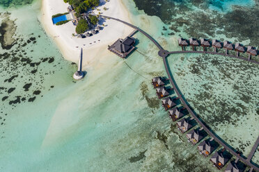 Maldives, South Male Atoll, aerial view of resort with bungalows on island Olhuveli - AMF06990