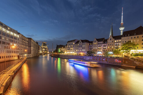 Germany, Berlin, view to lighted television tower and Nikolai Quarter with Spree River in the foreground - TAMF01377