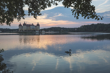 Germany, Saxony, Moritzburg Castle at castle pond in the evening - ASCF01012