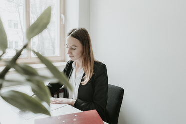 Junge Frau arbeitet am Schreibtisch im Büro - AHSF00303