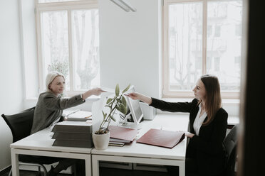 Zwei junge Frauen arbeiten am Schreibtisch im Büro und übergeben Papier - AHSF00338