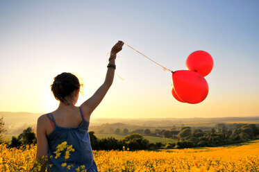 Girl with red balloons on rapeseed field, Eastbourne, East Sussex, United Kingdom - CUF51040