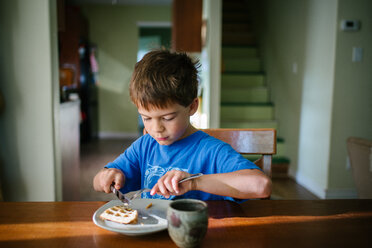 Boy eating waffle breakfast at kitchen table - ISF21308