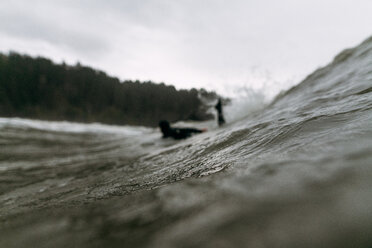 Junger männlicher Surfer beim Surfen im kalten pazifischen Ozean, Blick auf die Oberfläche, Arcata, Kalifornien, Vereinigte Staaten - ISF21406