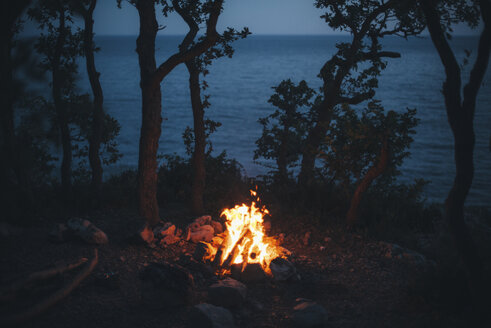 Campfire at night near ocean - BLEF03155