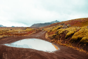 Tourist geht auf unbefestigtem Weg zwischen moosbewachsenen Lavafelsen, Reykjavík, Gullbringusysla, Island - CUF51220