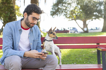 Junger Mann sitzt mit seinem Hund auf einer Parkbank und benutzt sein Smartphone - WPEF01508