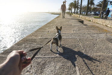 Portugal, Porto, Mann geht mit Hund an der Promenade spazieren - WPEF01517