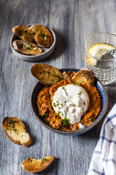 Burrata on romescu sauce with roasted bread - SBDF03943