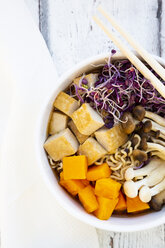 Miso Ramen soup with noodles, hokaido pumpkin, red radish sprouts, fried tofu, shimeji mushroom and king trumpet mushroom - LVF08023