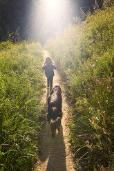 Rückansicht eines kleinen Mädchens, das mit einem Hund in der Natur spazieren geht - GEMF02970