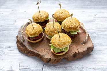 Mini-Burger with mincemeat, salad, cucumber and tomato on wooden tray - SARF04276