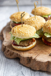 Mini-Burger mit Hackfleisch, Salat, Gurke und Tomate auf Holztablett - SARF04277