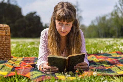 Junge Frau liegt auf einer Picknickdecke und liest ein Buch in einem Park, lizenzfreies Stockfoto