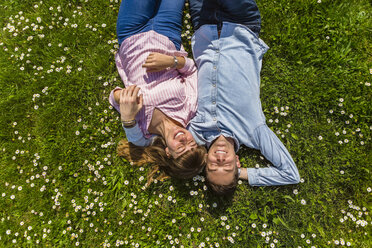 Happy young couple relaxing on grass in a park, overhead view - MGIF00475