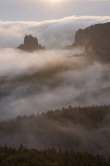 Deutschland, Sachsen, Elbsandsteingebirge, Blick vom Gleitmannshorn auf Sandsteinfelsen mit Nebel bei Sonnenaufgang - RUEF02219