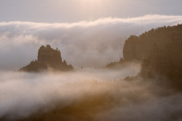 Germany, Saxony, Elbe Sandstone Mountains, view from Gleitmannshorn to sandstone rocks with fog at sunrise - RUEF02220