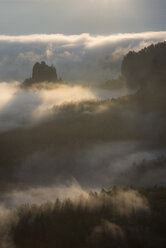 Germany, Saxony, Elbe Sandstone Mountains, view from Gleitmannshorn to sandstone rocks with fog at sunrise - RUEF02222