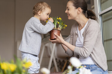 Cute little girl smelling at flower held by her mother - DIGF07042