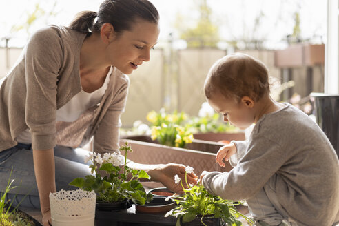 Mutter und Tochter pflanzen gemeinsam Blumen auf dem Balkon - DIGF07046