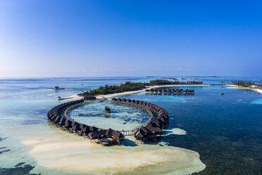 Aerial view over Olhuveli with water bungalow, South Male Atoll, Maldives - AMF07029