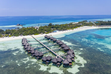 Aerial view over water bungalows at Olhuveli, South Male Atoll, Maldives - AMF07037