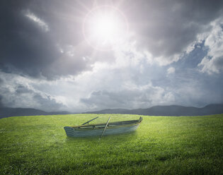 Abandoned rowboat in field of grass - BLEF03770