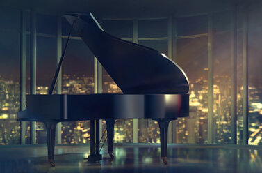 Grand piano near window with scenic view of city - BLEF03782