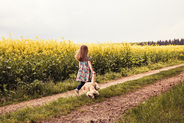 Girl walking alone with teddy and backpack on a field way - SEBF00100