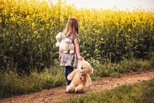 Girl walking alone with teddy and backpack on a field way - SEBF00105