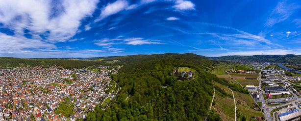 Panoramic view of Kleinheubach and Grossheubach with Franciscan Monastery Engelberg, Bavaria, Germany - AMF07048