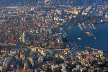 Aerial view of Como at sunrise in winter, Lombardy, Italy - LOMF00869