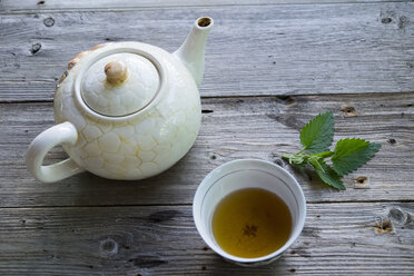 Tasse grüner Tee mit Minzblatt und Teekanne - BLEF04658