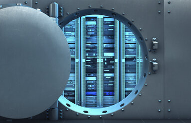 Open vault door revealing computer servers - BLEF04802